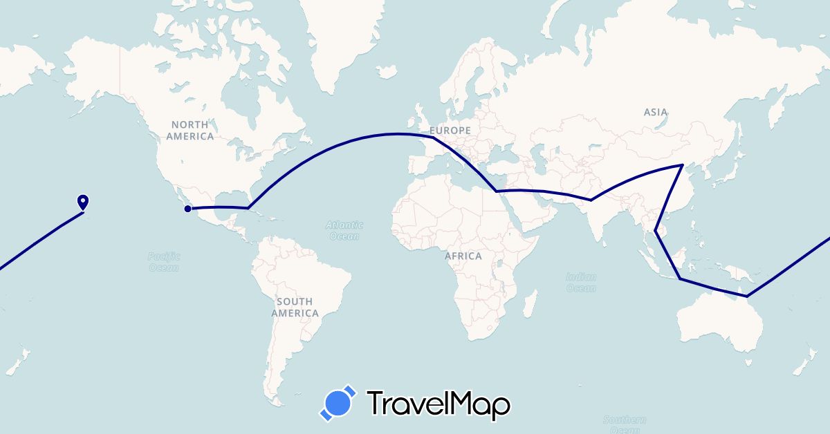 TravelMap itinerary: driving in Australia, China, Cuba, Egypt, France, Indonesia, India, Cambodia, Mexico, United States (Africa, Asia, Europe, North America, Oceania)